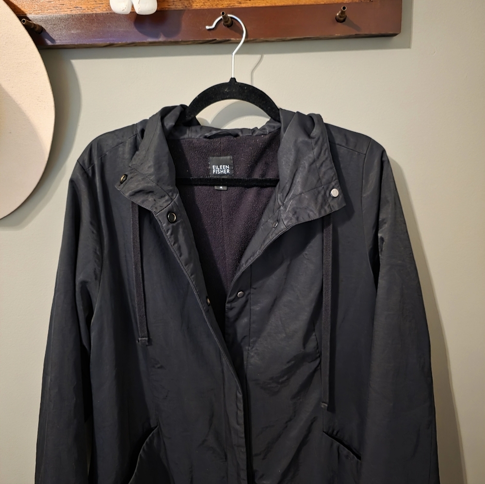 Eileen Fisher Black Hooded Trench Coat Size M - Picture 4 of 11